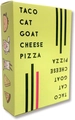 Jeu de cartes Taco Cat Goat Cheese Pizza dans une boîte jaune aux dessins colorés - Taco Chat Bouc Fromage Pizza