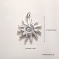 Detailed view of silver sun pendant with spiral center and ray edges showing dimensions - Platinum Shiny Large Sun (A875)
