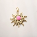 Golden sun pendant charm with pink enamel center for DIY jewelry making and necklaces - Pink Enamel Sun (A878)