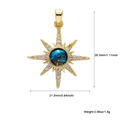 Detail view of gold sunburst pendant with blue star stone and precise measurements - Gold Eight-Pointed Star Planet (A256)