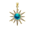 Detailed shot of a gold sunburst pendant with gradient enamel and zircon inlay - Gold Starry Sky Sun (A258)