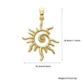 Detailed view of bohemian gold sun pendant charm with size dimensions and spiral pattern - Gold Hollow Large Sun (A260)