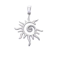 Macro view of silver sun pendant with spiral rays and a small center zircon stone - Platinum Hollow Large Sun (A261)
