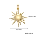 Detailed view of gold-plated sun pendant with precise height and weight measurements - Gold Polished Sun (A265)