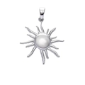 Detail of sun shaped silver pendant with white pearl inlay and radiant metal frame - Platinum Polished Sun (A266)