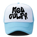 Casquette trucker bleu et blanc avec imprimé Mea Culpa et filet respirant pour l'été - Réglable / Bleu Clair/Blanc