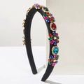 Baroque style wide headband with colorful rhinestones on black fabric base - Multicolor/Black Base