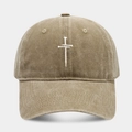 Vintage Khaki Baseballkappe aus gewaschener Baumwolle mit weißer Kreuzstickerei - Verstellbar / Vorderseite Stickerei Khaki