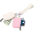 Pink nylon mini pouch wristlet set with dual zipper bags and white fabric strap - Pink + White