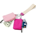 Pink nylon wristlet coin purse set with round and square zip pouches and white strap - Rose Red + Light Pink