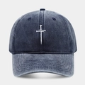 Verstellbare Baseballkappe aus gewaschenem blauem Denim mit weißem Kreuz-Stickerei - Verstellbar / Vorderseite Stickerei Marine