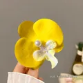 Yellow orchid hair clip with pearl center and burgundy petal details, size 9.5cm - Bright Yellow