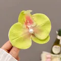 Yellow-green orchid hair clip with pink details and white pearl center, size 9.5cm - Green