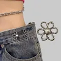 Adjustable antique silver flower waist buckle with pearl detail for pants and skirts - Flower Black