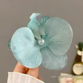 Blue orchid hair clip with pearl center, 9.5cm floral petal duckbill hair accessory - Turquoise Green