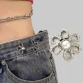 Silver flower waist tightener button with pearl inlay for jeans adjustment - Silver Flower