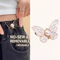 Butterfly waist tightener pin with pearls for jeans adjust in black and white finish - Patterned White Pearl Butterfly