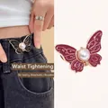 Adjustable butterfly waist buckle with pearls for tightening pants, detachable and no-sew - Patterned Rose Red Pearl Butterfly