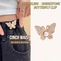 Sparkling butterfly waist adjuster pin with rhinestones and pearl for denim jeans - Full Diamond Butterfly Gold