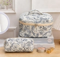 Quilted cotton floral makeup bag set with vintage blue flowers for travel storage - Dark Blue Floral