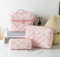 Pink checkered quilted cotton cosmetic bag set with red bow prints and three sizes - Pink Grid with Bow