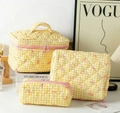 Yellow gingham cotton quilted cosmetic bag set with pink bows and three various organizers - Yellow Grid with Bow