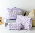 Purple gingham quilted makeup bag set featuring pink bow embroidery and sturdy handles - Purple Grid with Bow