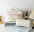 Quilted cotton makeup bag set with cute pink bow prints and convenient handle - White with Pink Bow