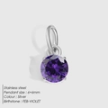 Pendentif en cristal violet rond 6mm en acier inoxydable, pierre de naissance février - Argent / Zirconium violet