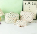 Three-piece cotton toiletry bag set with red floral print on cream background - French Garden