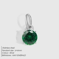 Pendentif en acier poli avec cristal émeraude vert rond facetté de 6 mm de diamètre - Argent / Zircon Vert