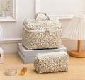 Floral cotton quilted makeup bag set with a handle bag and portable pouch - Yellow Floral
