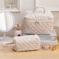 Floral quilted cotton makeup bag set with a handle and cylindrical storage pouch - Pink Floral