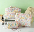 Quilted floral cotton cosmetic bag set with yellow flowers and a zippered handle design - Oil Painting Floral