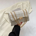 Elegant white tweed flap bag with gold thick chain strap and square metal clasp - White