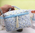 Blue and white checkered quilted cotton makeup bag with a decorative white tassel - Blue Polka Dot