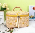 Pink and yellow checkered quilted cotton makeup bag with yellow smiley face and floral print - Yellow Smiley Face