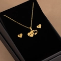 Golden stainless steel heart jewelry set with LOVE engraving including necklace and earrings - LOVE Engraved Double Heart Style(X470)