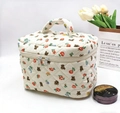 Quilted cotton makeup bag in beige featuring vintage bear and floral prints with a handle - Flower Bear