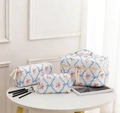 Three-piece quilted cotton toiletry bag set with pink rose and blue ribbon floral print - Blue Rose