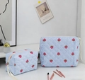 Quilted cotton cosmetic bag set with light blue gingham and red strawberry prints - Blue Striped Strawberry