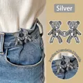 Silver bear waist buckle for jeans, detachable and reusable no-sew tightening button - Silver