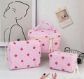 Three-piece pink strawberry quilted cotton makeup bag set with floral embroidery - Pink Striped Strawberry