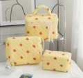 Three-piece quilted cotton makeup bag set with yellow plaid and strawberry pattern - Yellow Striped Strawberry