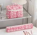 Pink floral quilted cotton cosmetic bag set with top handle and matching brush pouch - Red and Yellow Small Flowers
