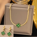 Titanium steel jewelry set featuring a green four-leaf clover pendant and earrings - Green Heart Clover (AH1143+AG3109)