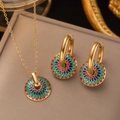 Vintage gold titanium jewelry set with colorful enamel earrings and matching necklace - Bohemian Multi-color Enamel (AH1176+AG3016)