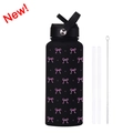 Borraccia 1L in acciaio nero con motivi a fiocchi rosa e accessori per cannuccia - Nero 9A1