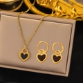 Golden titanium steel jewelry set featuring black heart necklace and hoop earrings - Black Heart Luxury Style (AH220+AG3052)