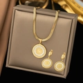 Golden titanium steel snake chain jewelry set with embossed coin pendant and earrings - Coin Embossed Portrait (AH1080+AG3168)